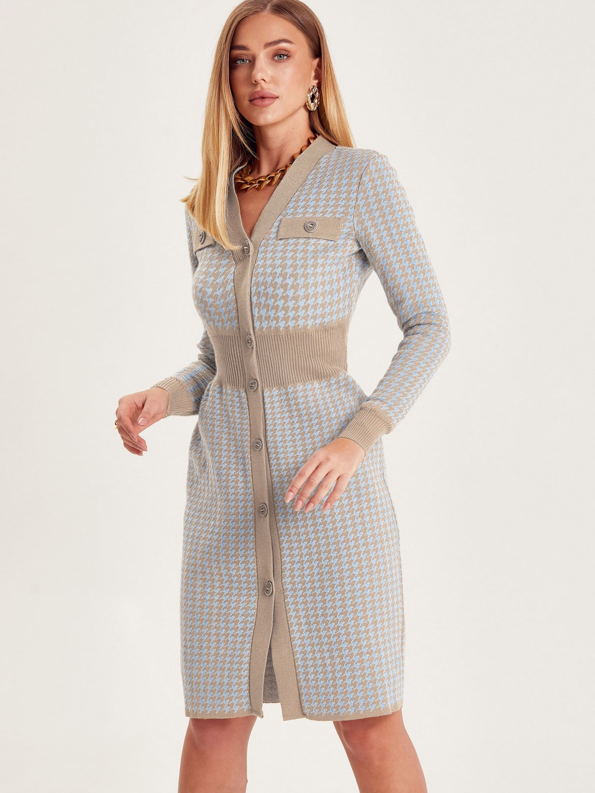 В'язане плаття в гусячу лапку блакитне | 75038 В'язане плаття в гусячу лапку блакитне | 75038