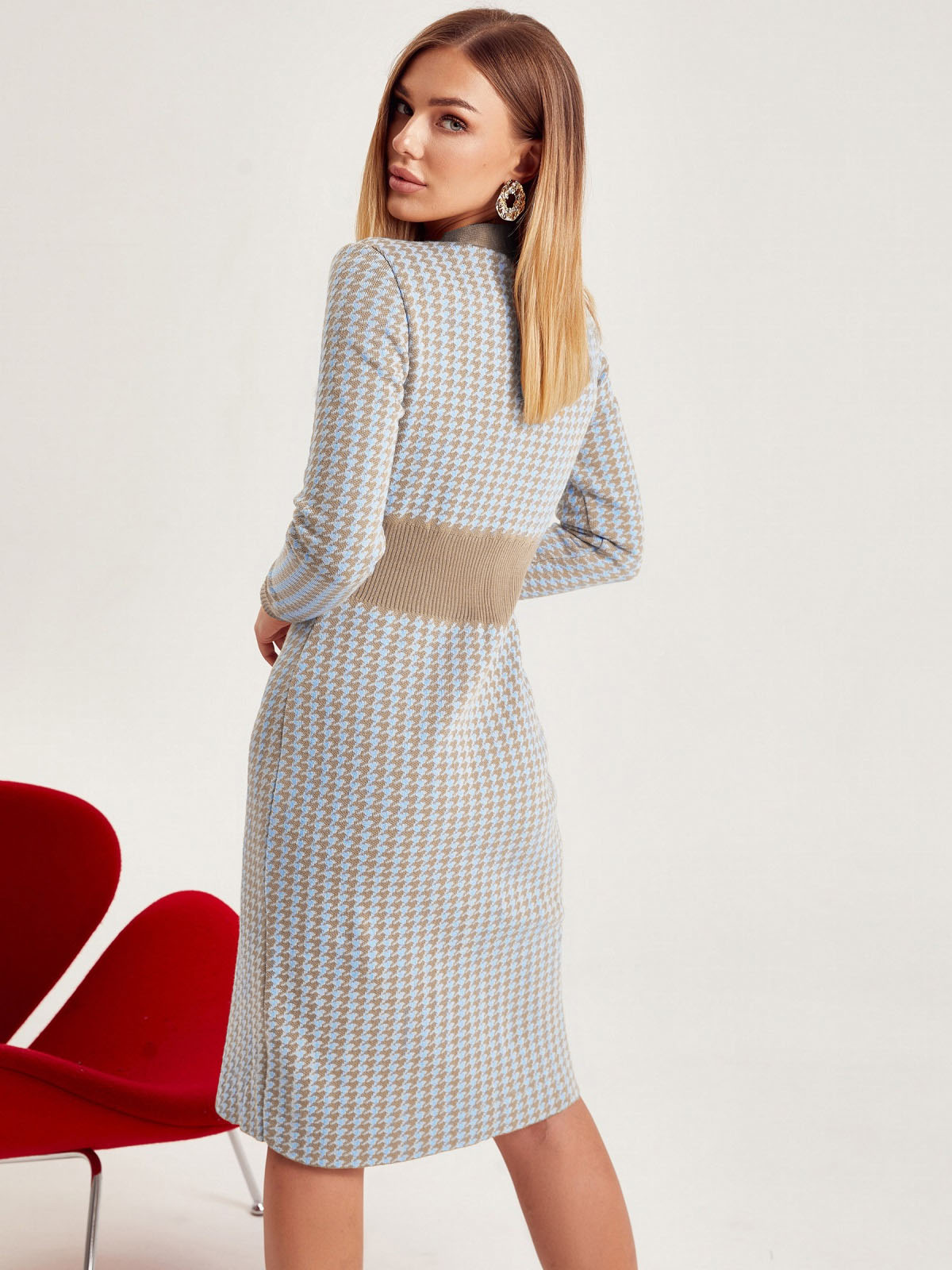 В'язане плаття в гусячу лапку блакитне | 75038 В'язане плаття в гусячу лапку блакитне | 75038