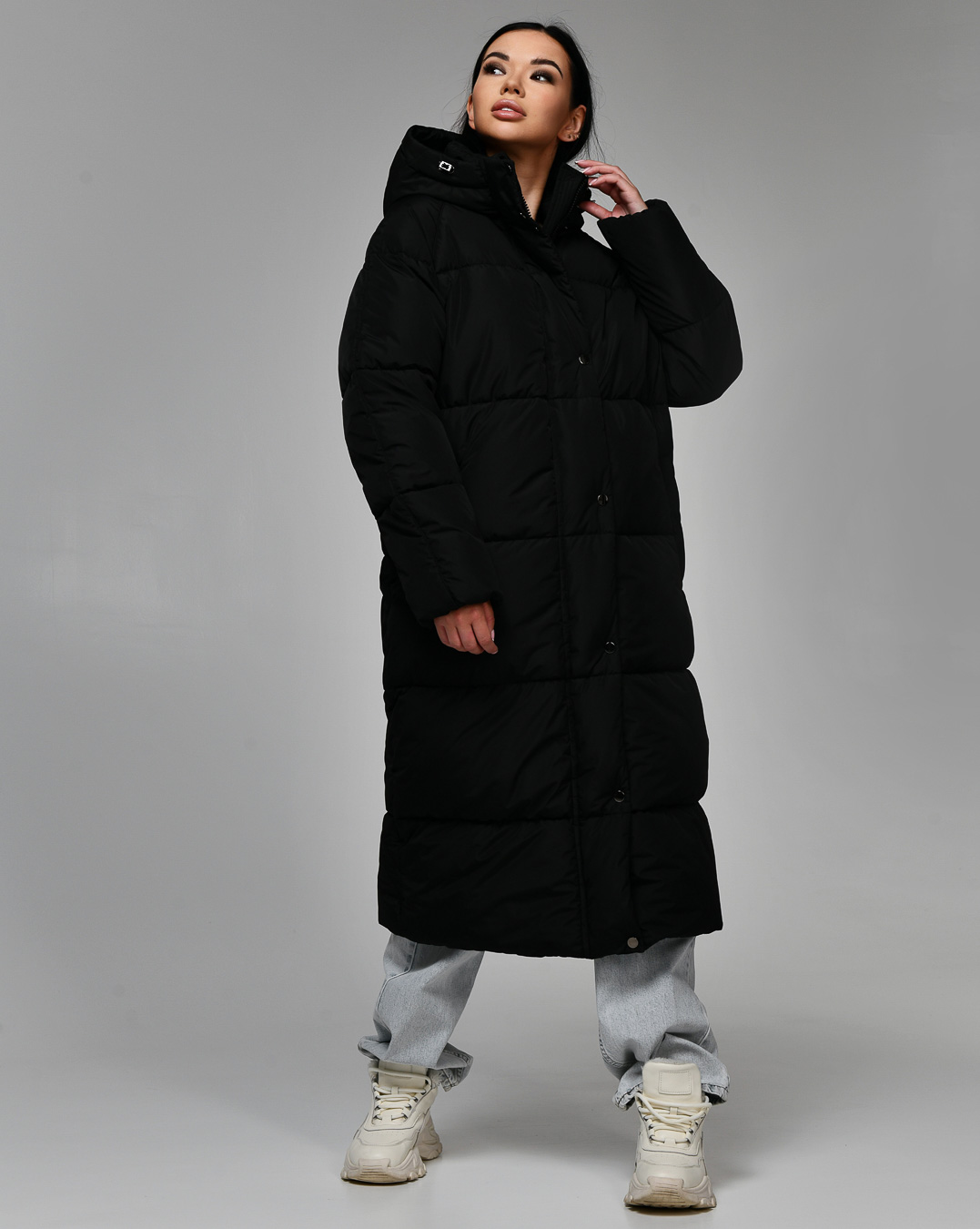 Довгий пуховик оверсайз чорний | 75267 Довгий пуховик оверсайз чорний | 75267