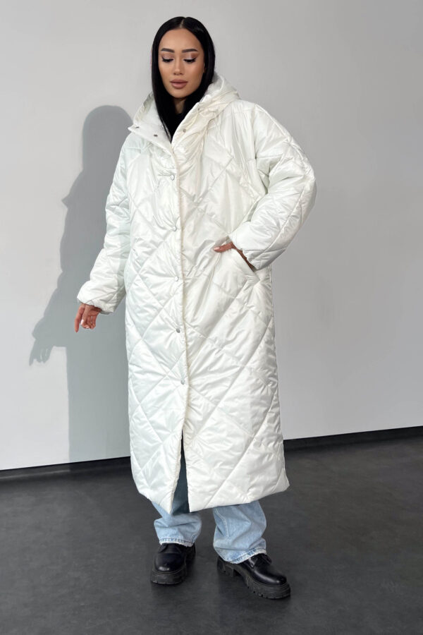 Довге стьобане зимове пальто біле | 75979