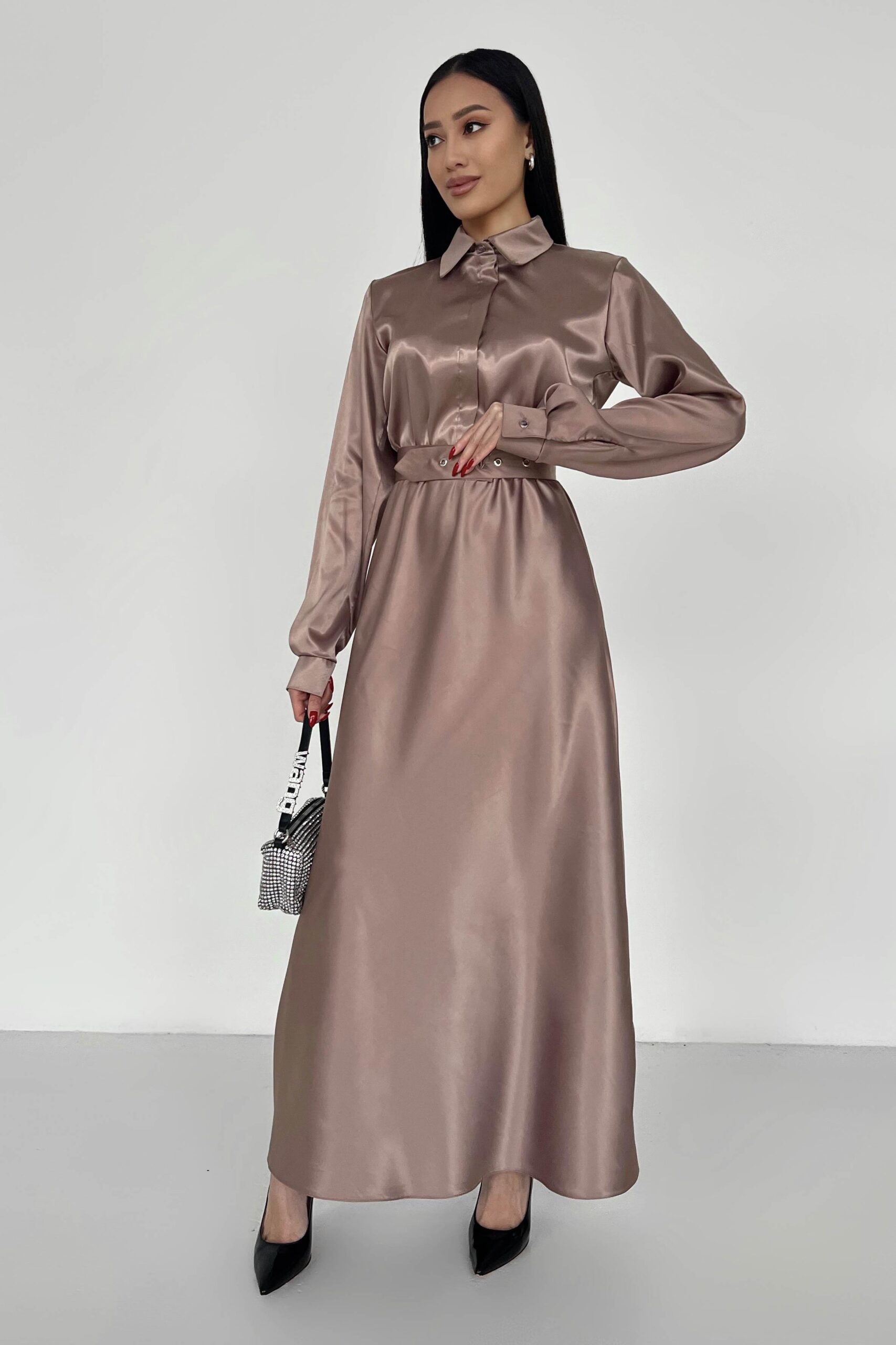 Вечірня довга сукня з атласу мокко | 75690 Вечірня довга сукня з атласу мокко | 75690