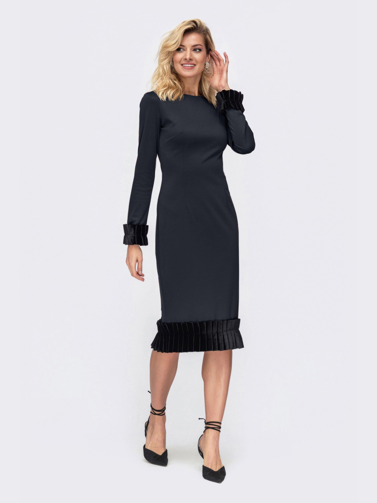 Плаття темно-сіре з оксамитовою оборкою | 75001