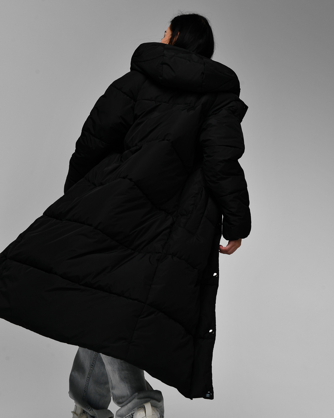 Довгий пуховик оверсайз чорний | 75267 Довгий пуховик оверсайз чорний | 75267