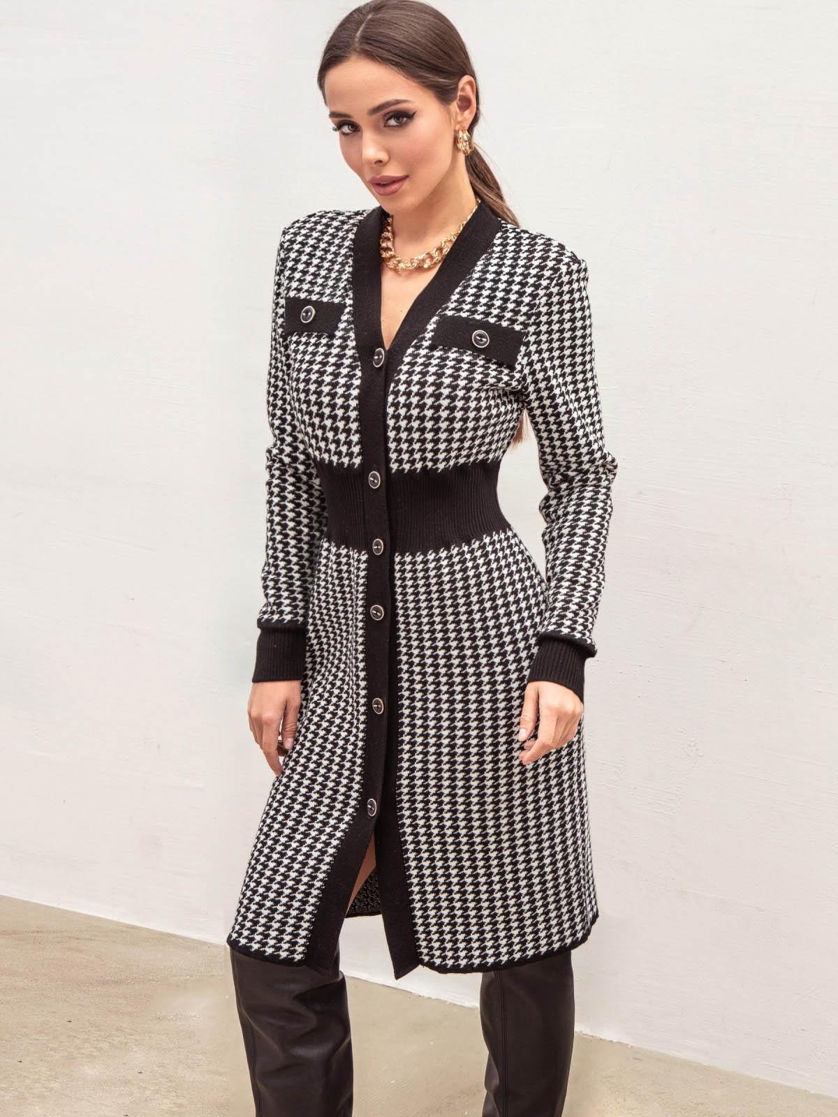 В'язане плаття в гусячу лапку чорно-біле | 75028 В'язане плаття в гусячу лапку чорно-біле | 75028