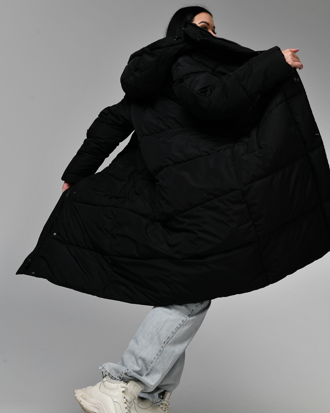 Довгий пуховик оверсайз чорний | 75267 Довгий пуховик оверсайз чорний | 75267