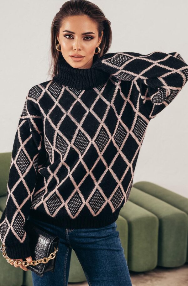 Вовняний оверсайз светр чорний в принт | 76568