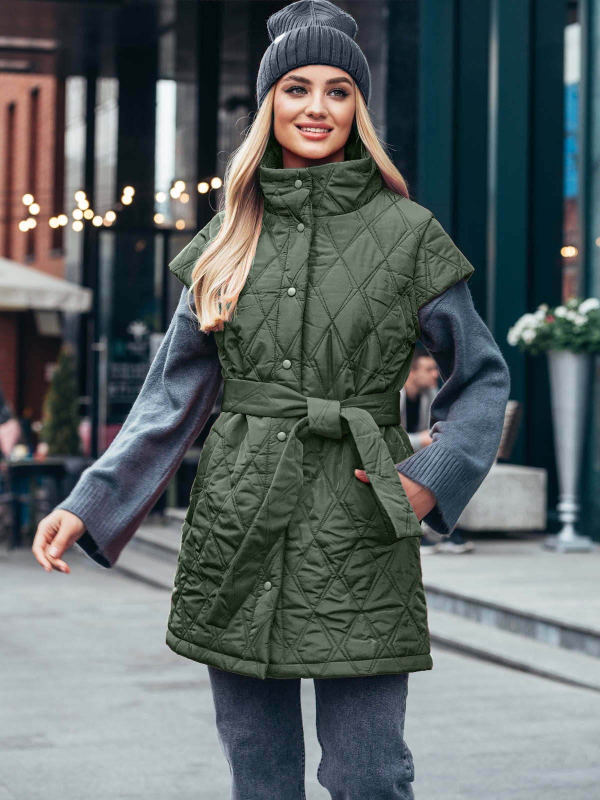 Подовжений стьобаний жилет хакі | 77082 Подовжений стьобаний жилет хакі | 77082