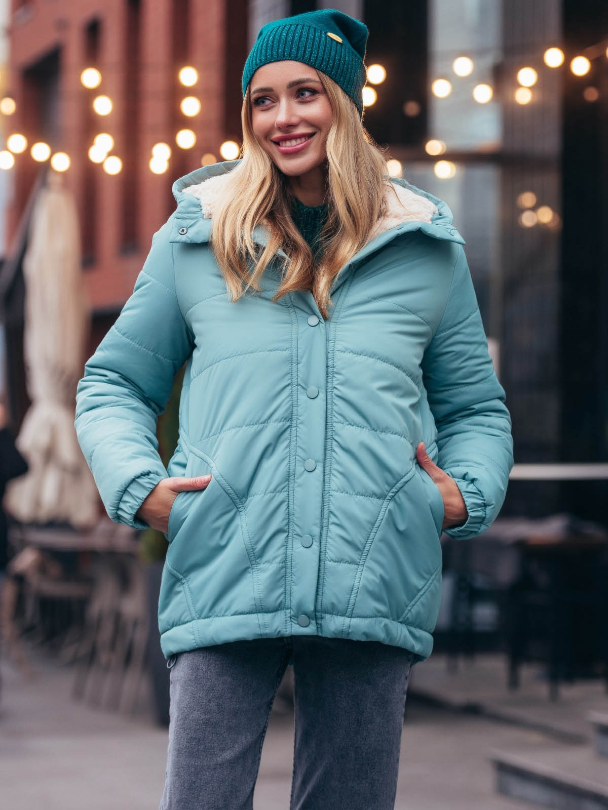 Стьобана куртка м'ятна з капюшоном | 77089 Стьобана куртка м'ятна з капюшоном | 77089