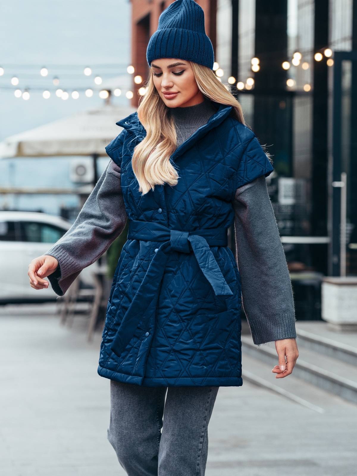 Подовжений стьобаний жилет темно-синій | 77073