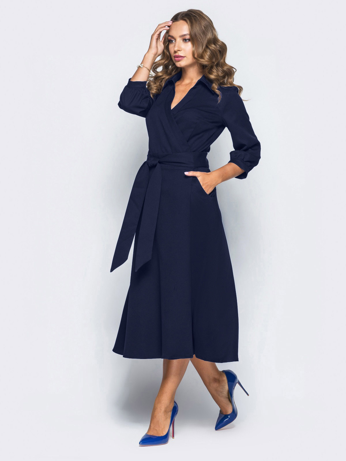 Плаття міді темно-синє на запах | 76813