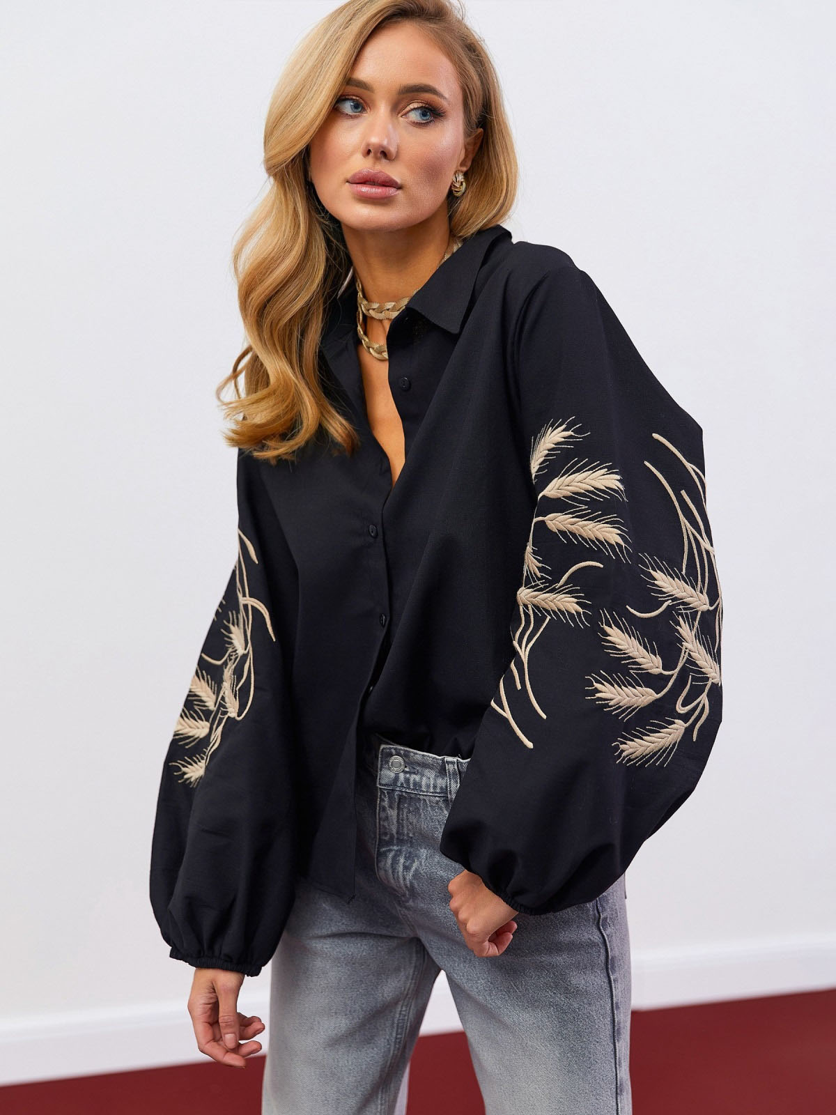 Сорочка чорна з вишивкою Колоски | 76942