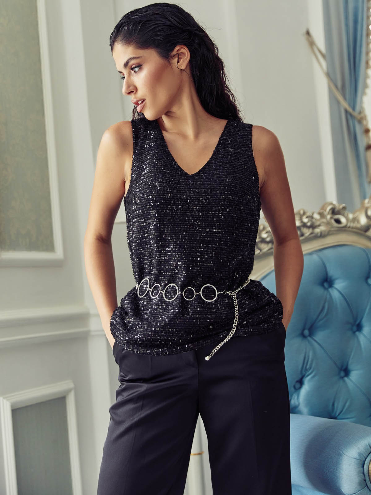 Вечірня блискуча блуза чорна з паєтками | 76967