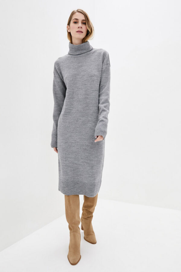 В'язане плаття сіре з коміром-хомутом | 76497