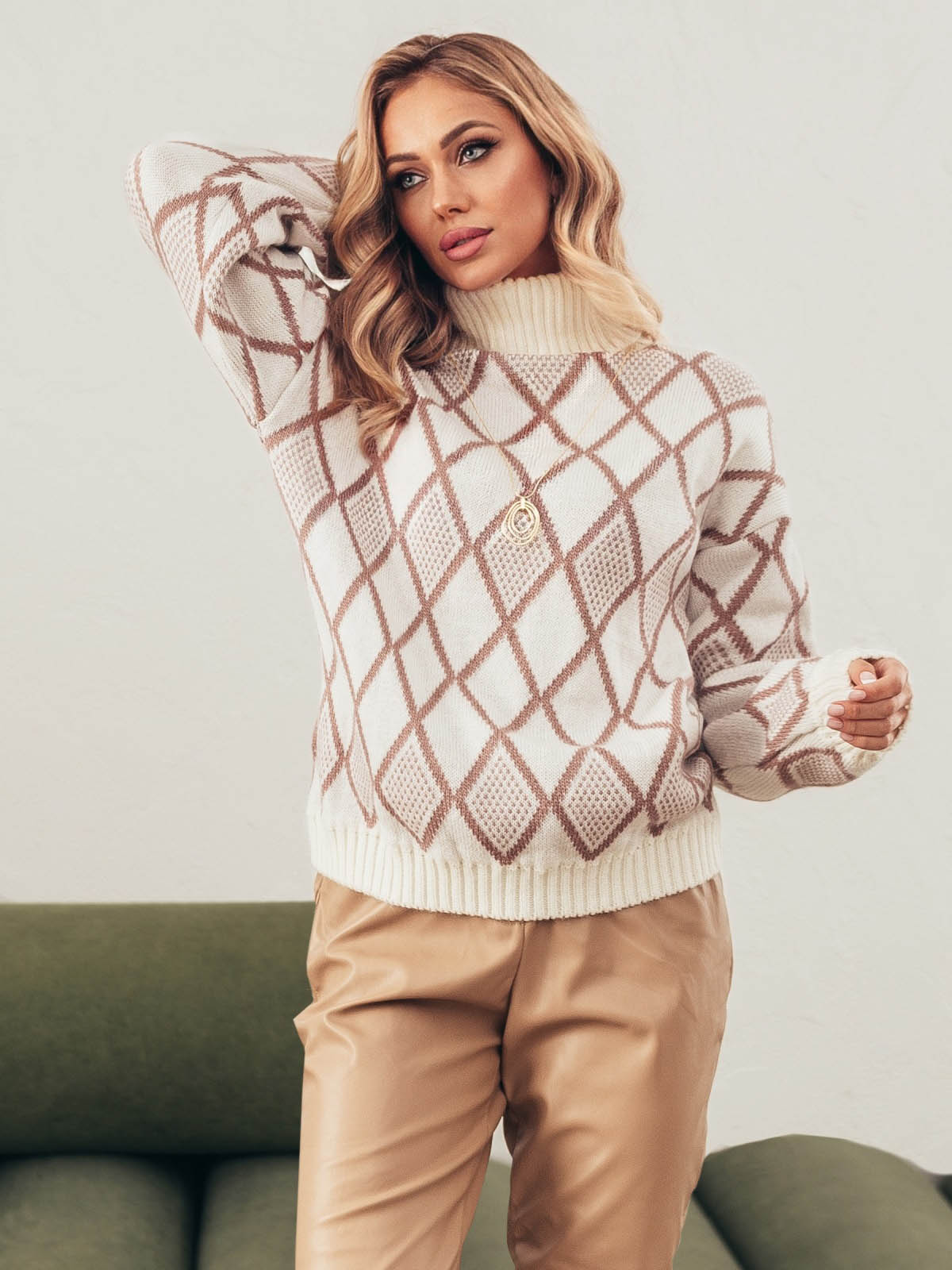 Вовняний оверсайз светр молочний в принт | 76561 Вовняний оверсайз светр молочний в принт | 76561