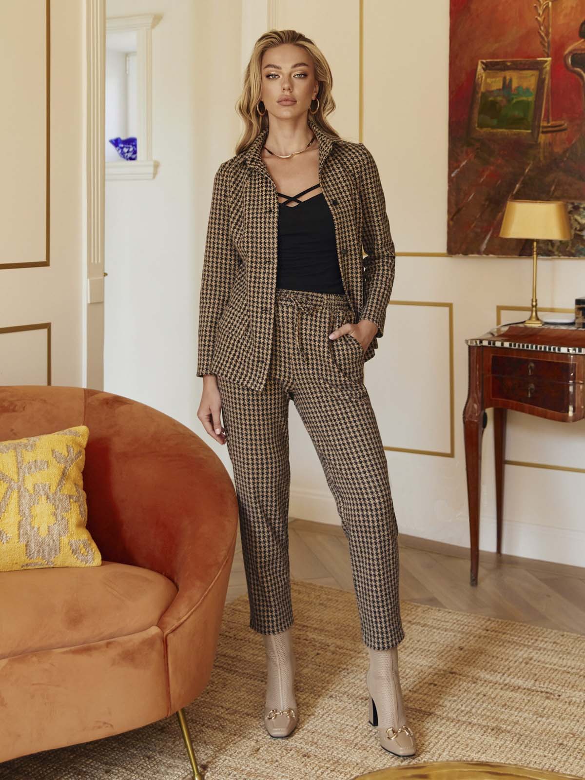 Костюм вовняний зі штанами бежевий в принт | 76681 Костюм вовняний зі штанами бежевий в принт | 76681