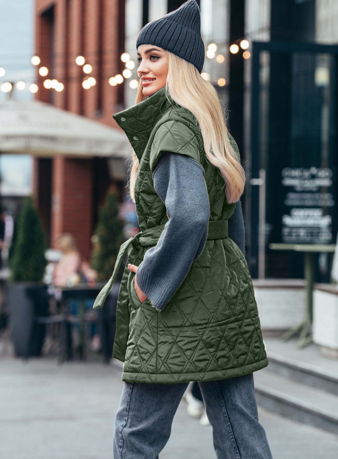 Подовжений стьобаний жилет хакі | 77082 Подовжений стьобаний жилет хакі | 77082