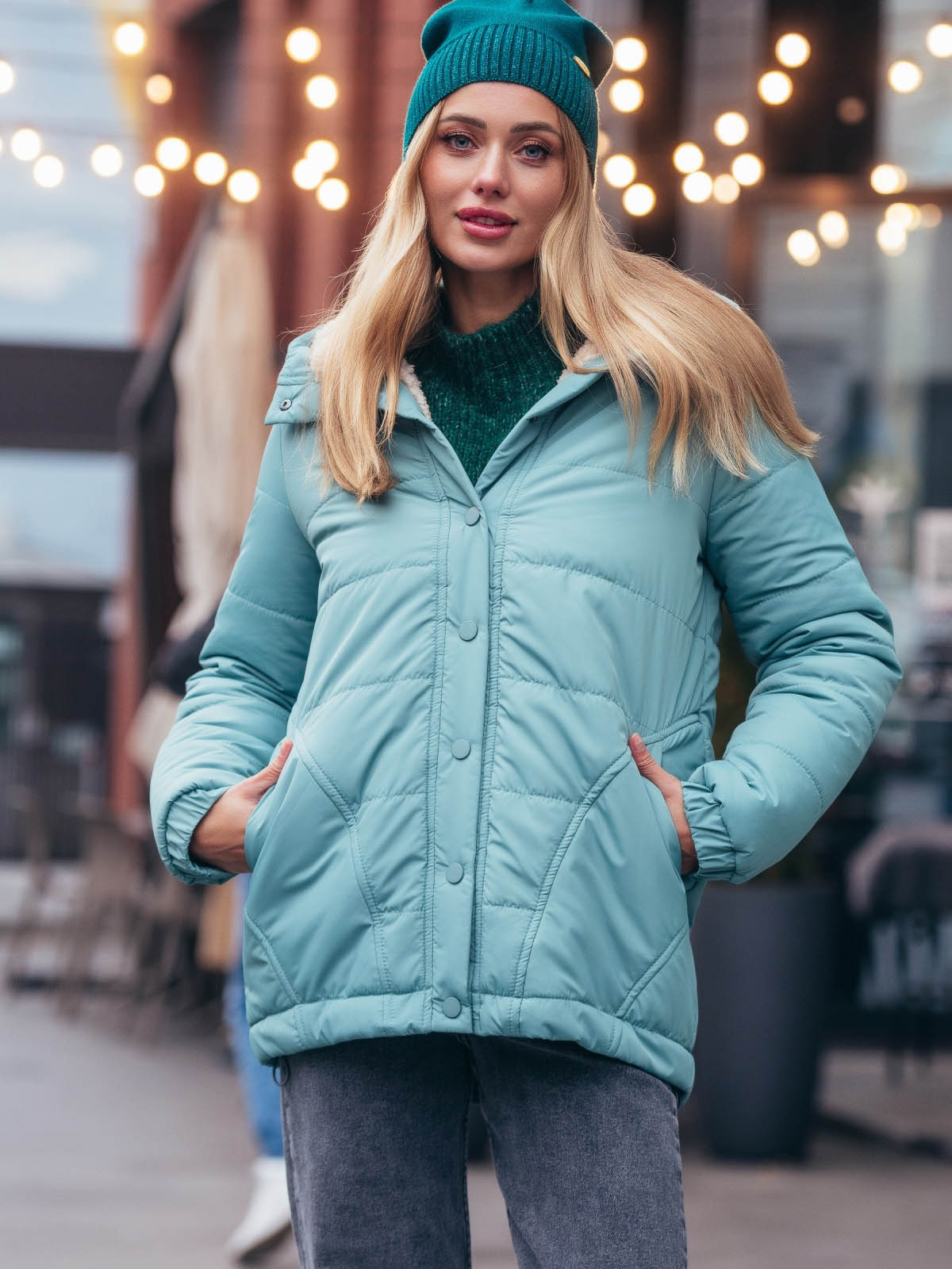 Стьобана куртка м'ятна з капюшоном | 77089 Стьобана куртка м'ятна з капюшоном | 77089