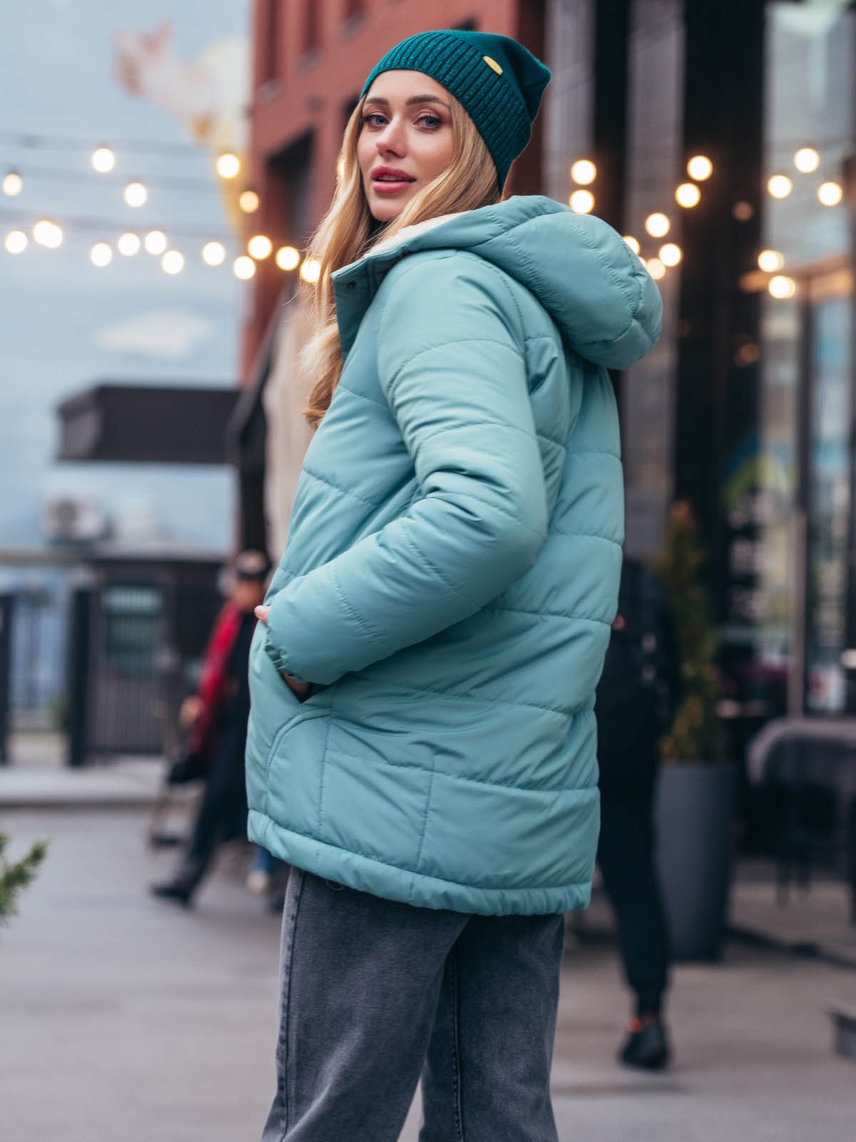 Стьобана куртка м'ятна з капюшоном | 77089 Стьобана куртка м'ятна з капюшоном | 77089