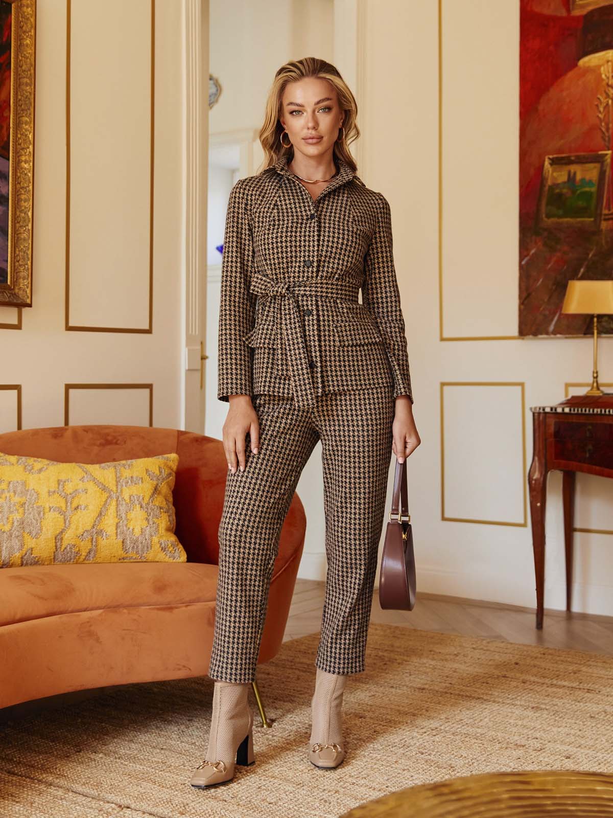 Костюм вовняний зі штанами бежевий в принт | 76681 Костюм вовняний зі штанами бежевий в принт | 76681