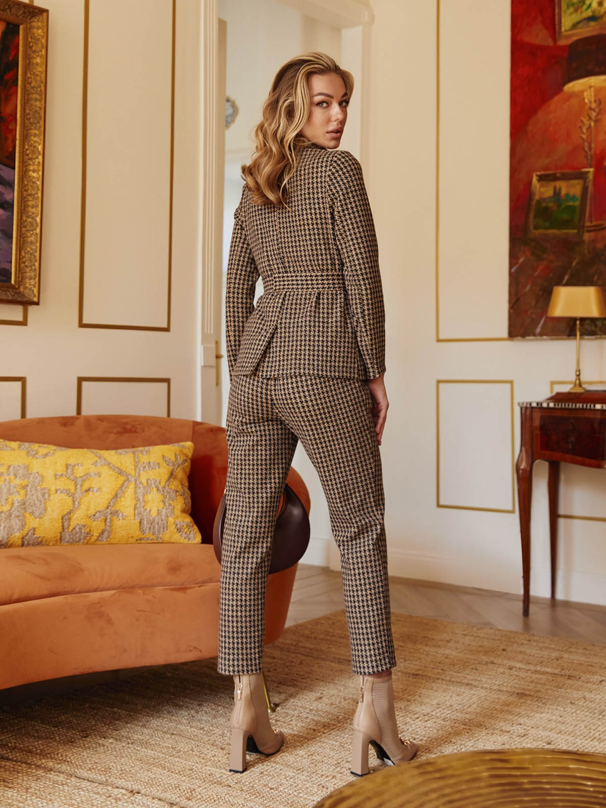 Костюм вовняний зі штанами бежевий в принт | 76681 Костюм вовняний зі штанами бежевий в принт | 76681