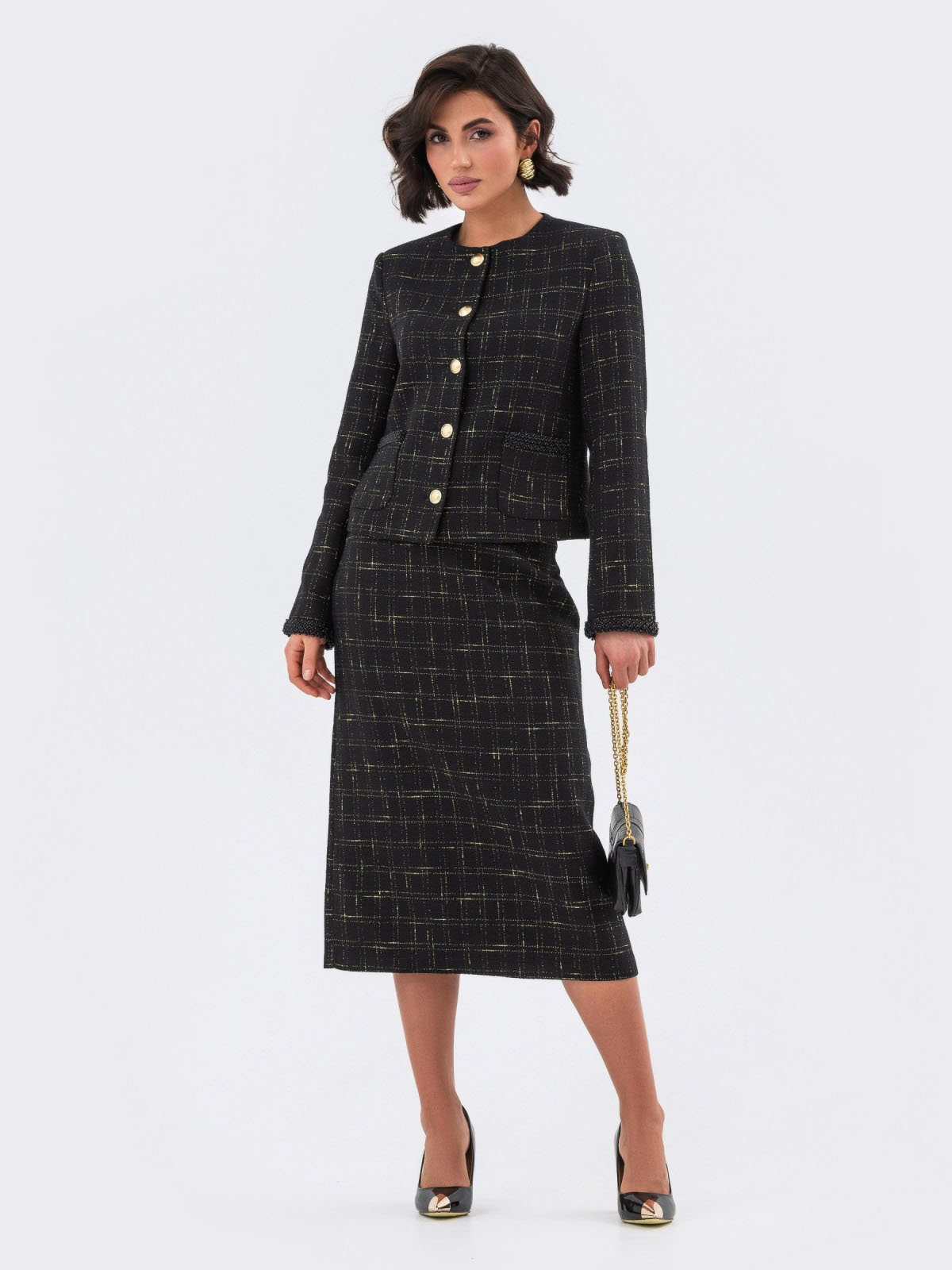 Твідовий костюм-двійка чорний зі спідницею | 77517 Твідовий костюм-двійка чорний зі спідницею | 77517