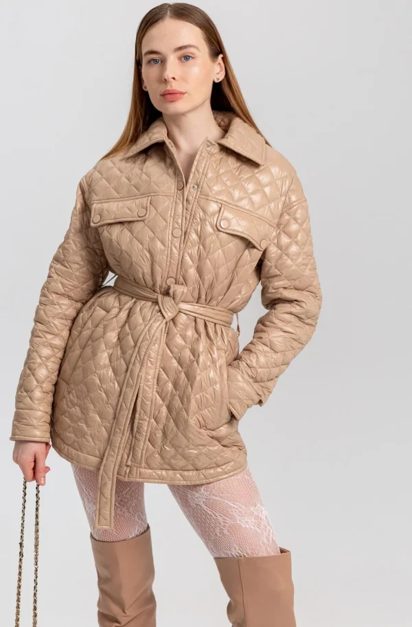 Демісезонна стьобана куртка-сорочка бежева | 78325