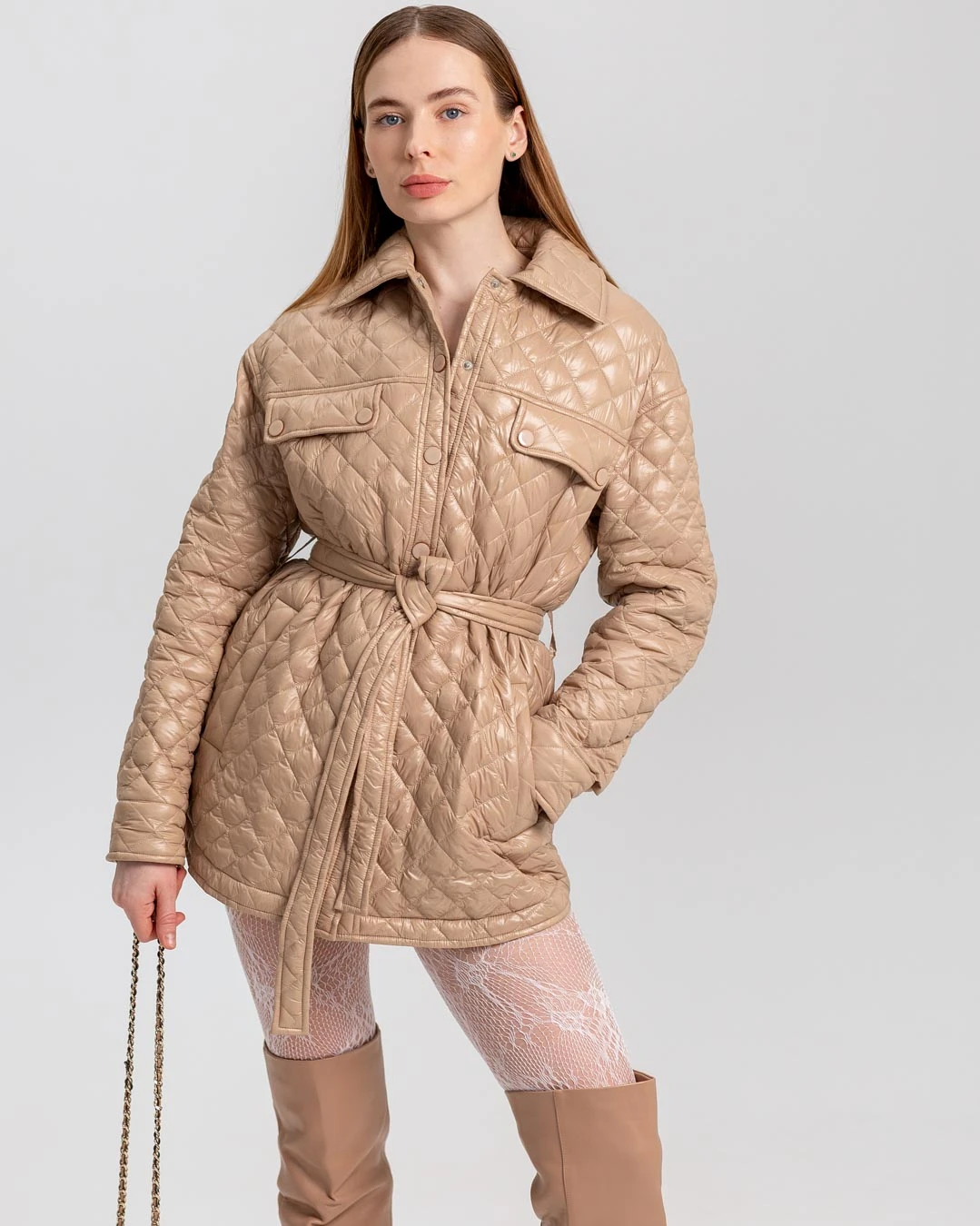 Демісезонна стьобана куртка-сорочка бежева | 78325