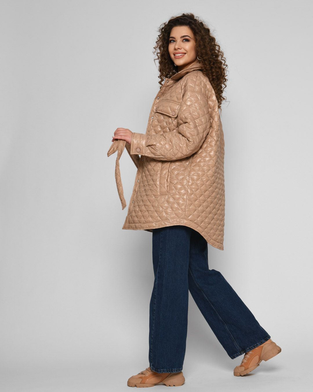 Демісезонна стьобана куртка-сорочка бежева | 78325