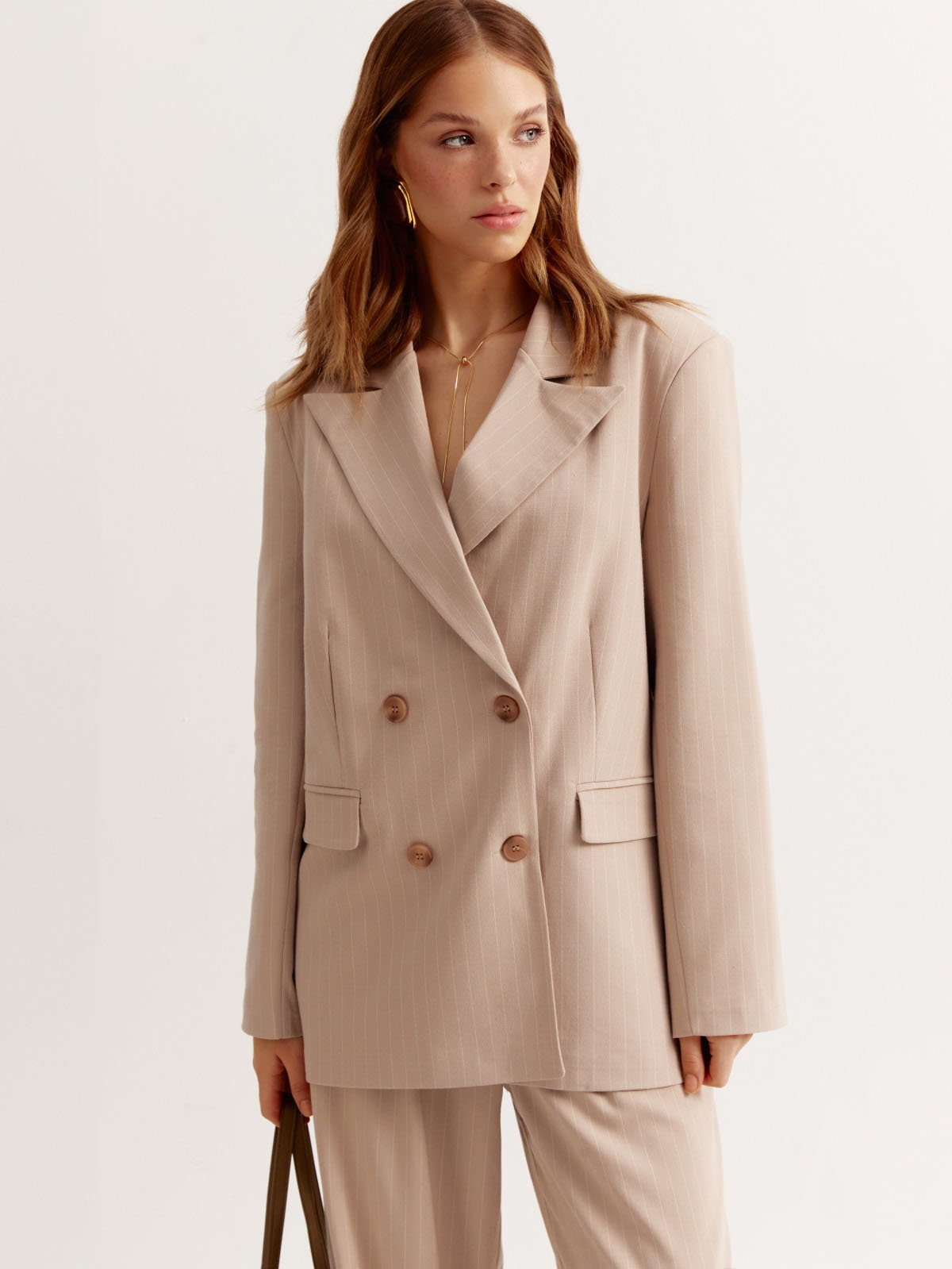 Костюм-двійка бежевий у дрібну смужку | 77304