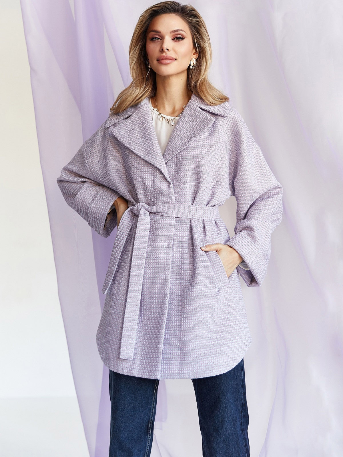 Демісезонне пальто бузкове з букле | 77870 Демісезонне пальто бузкове з букле | 77870