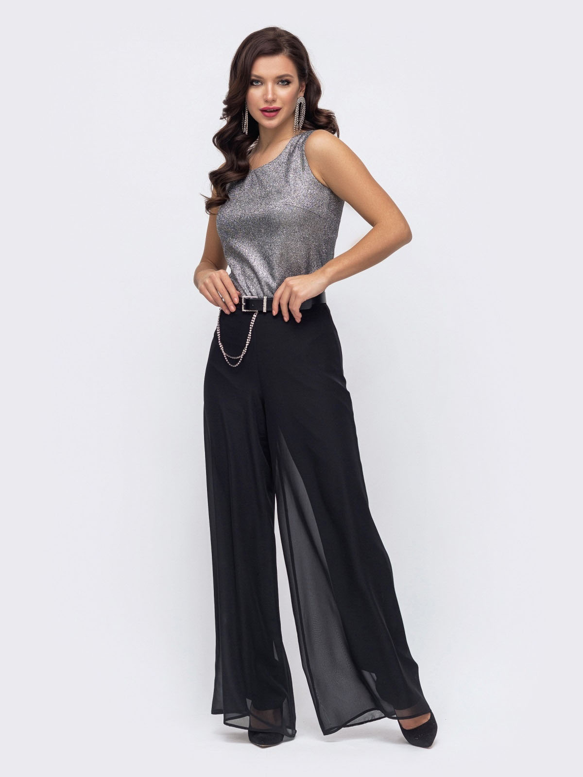 Двошарові шифонові штани-палаццо чорні | 77692