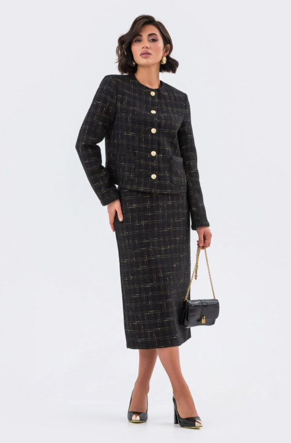 Твідовий костюм-двійка чорний зі спідницею | 77517