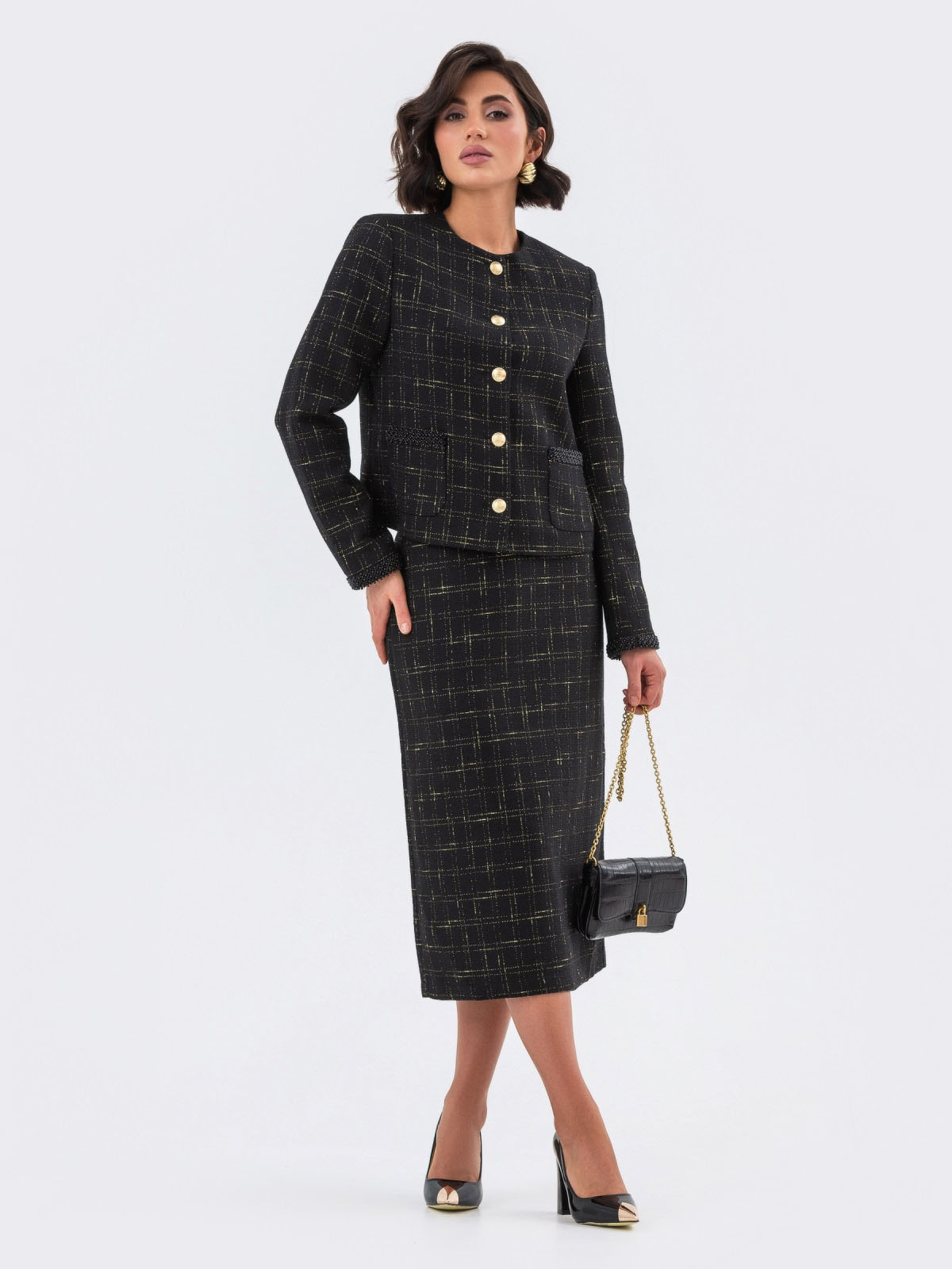 Твідовий костюм-двійка чорний зі спідницею | 77517 Твідовий костюм-двійка чорний зі спідницею | 77517