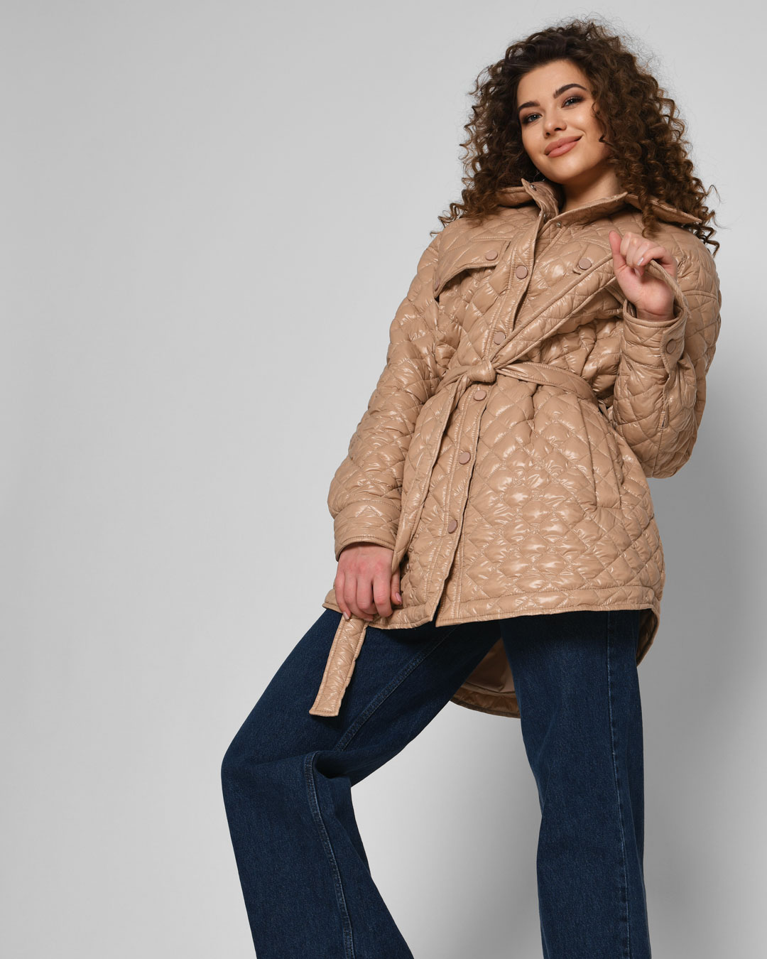 Демісезонна стьобана куртка-сорочка бежева | 78325