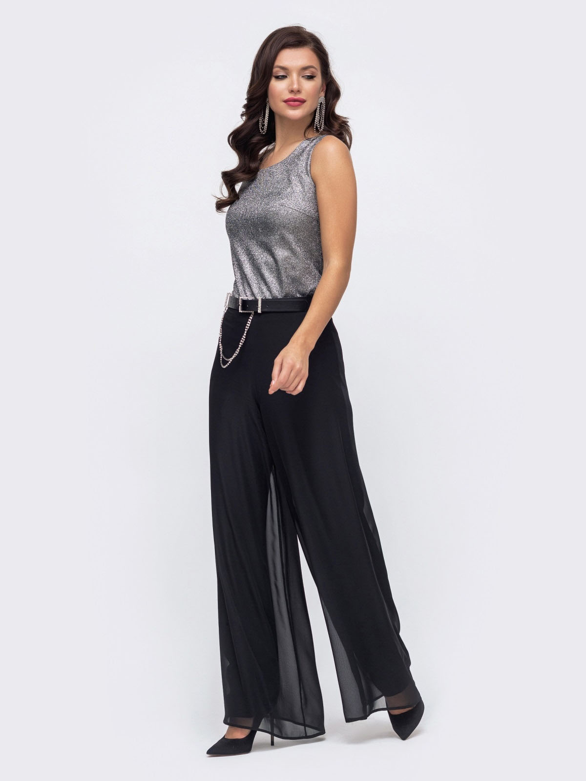 Двошарові шифонові штани-палаццо чорні | 77692