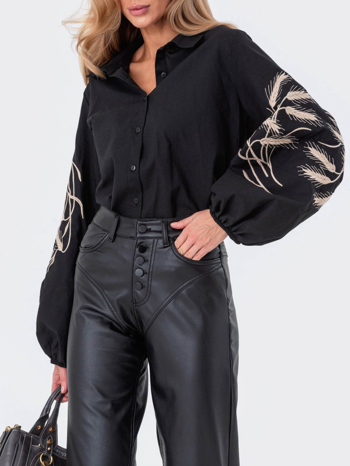 Шкіряні широкі штани чорні | 77683