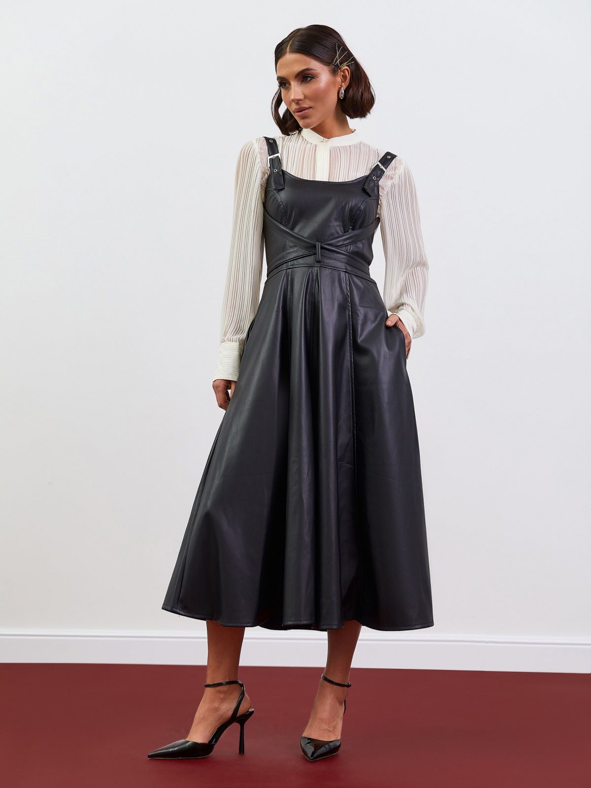 Оригінальний сарафан чорний з екошкіри | 78115 Оригінальний сарафан чорний з екошкіри | 78115