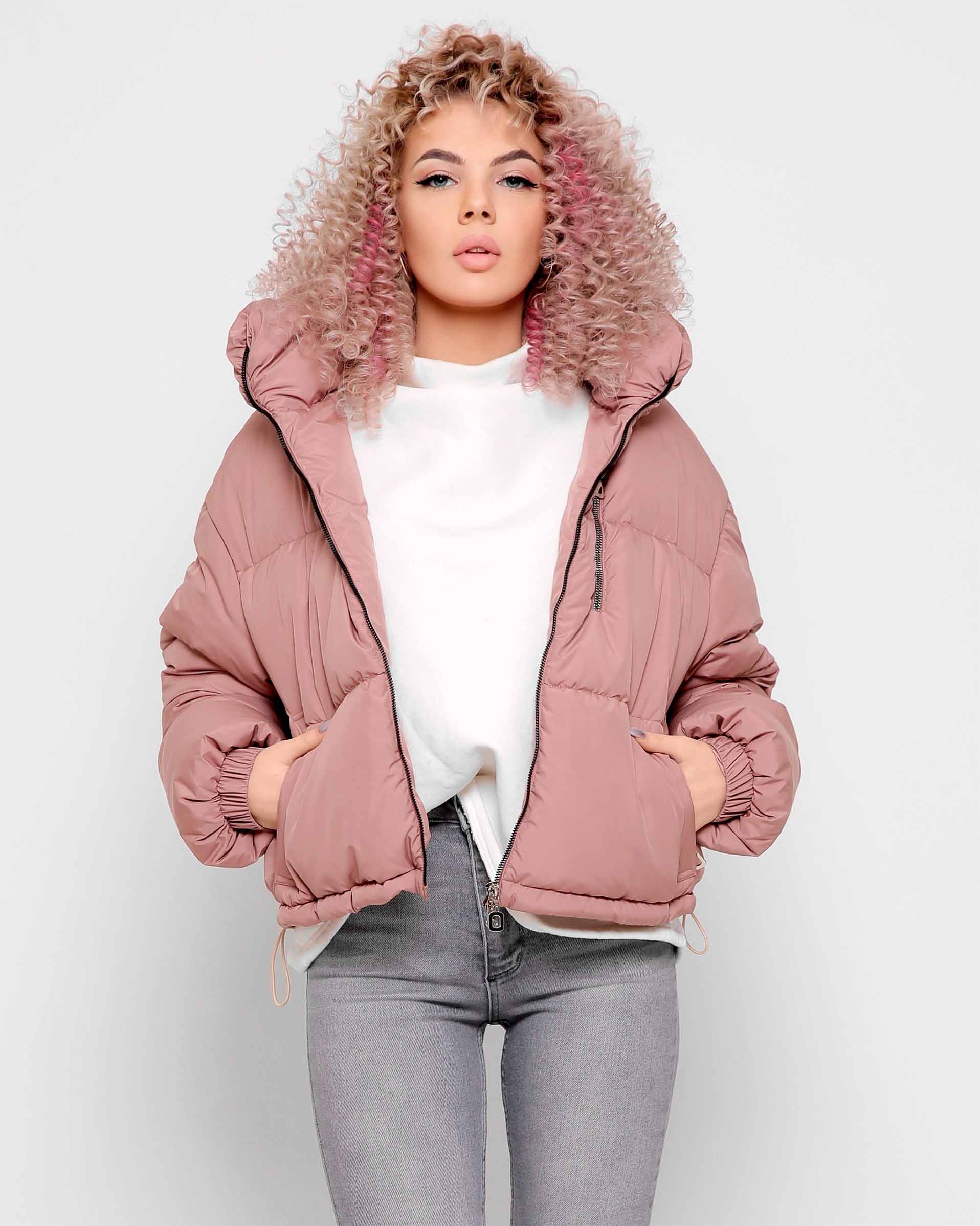 Демісезонна куртка пудрова з високим коміром | 78257 Демісезонна куртка пудрова з високим коміром | 78257
