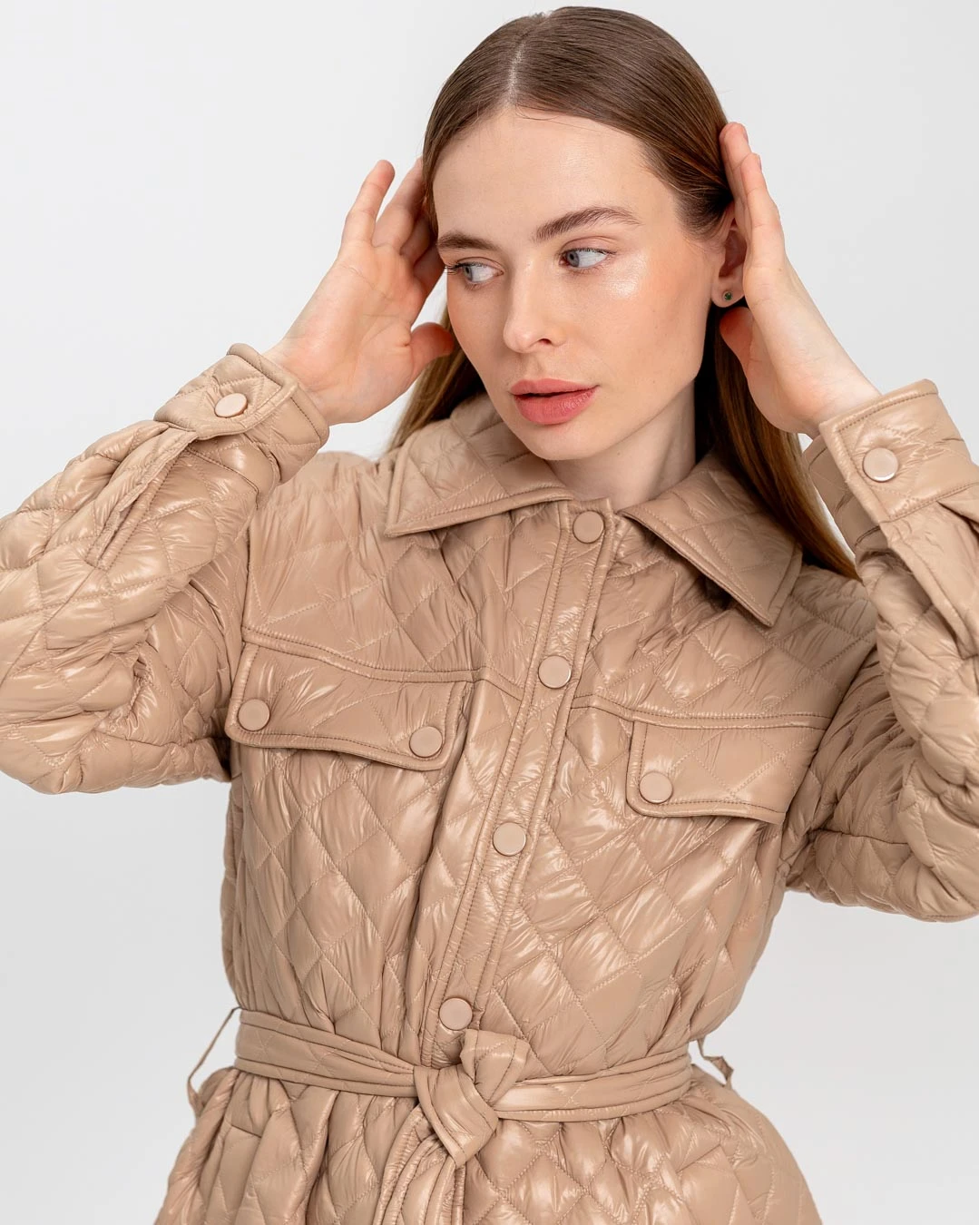 Демісезонна стьобана куртка-сорочка бежева | 78325