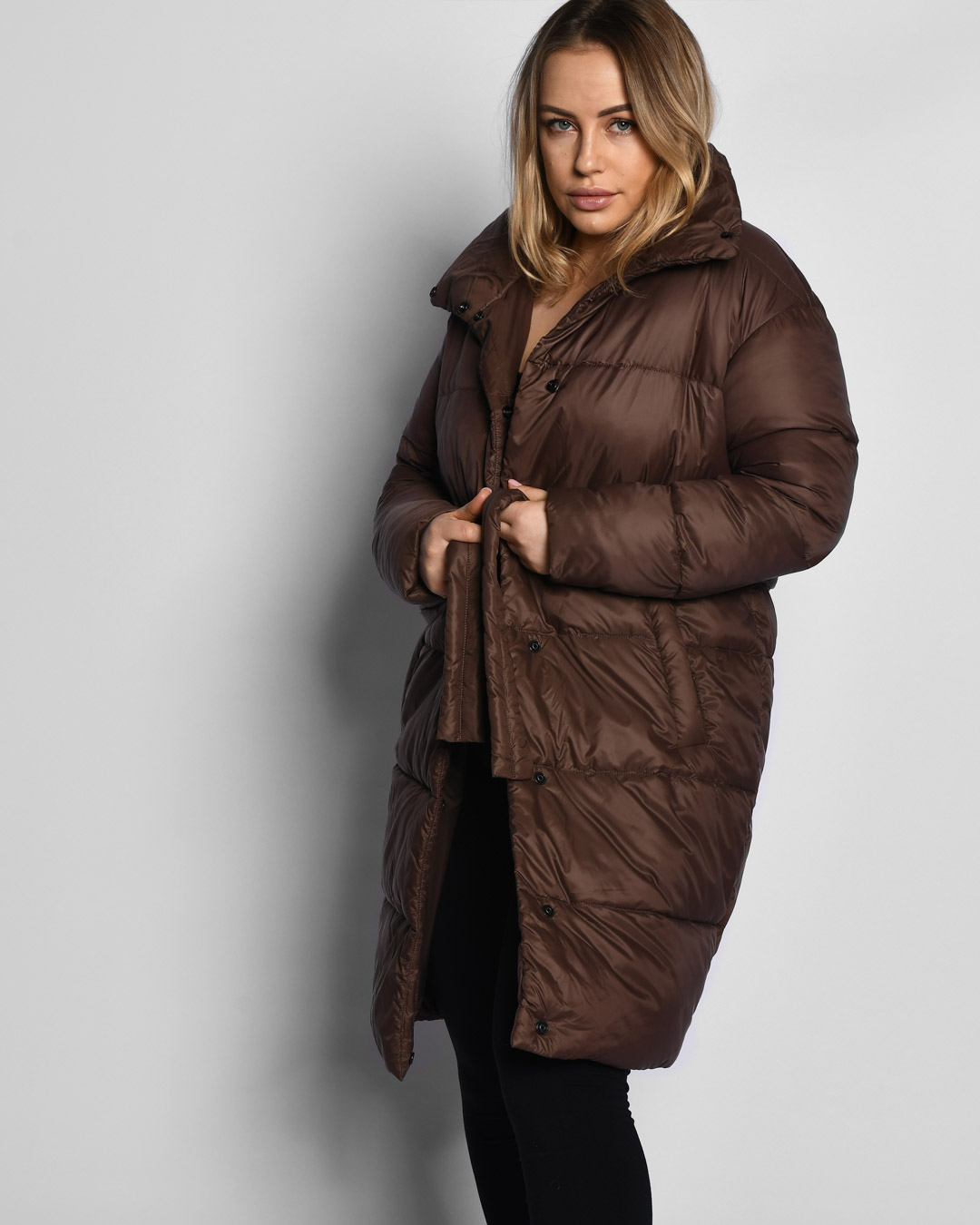 Демісезонна стьобана куртка-пальто коричнева | 77964