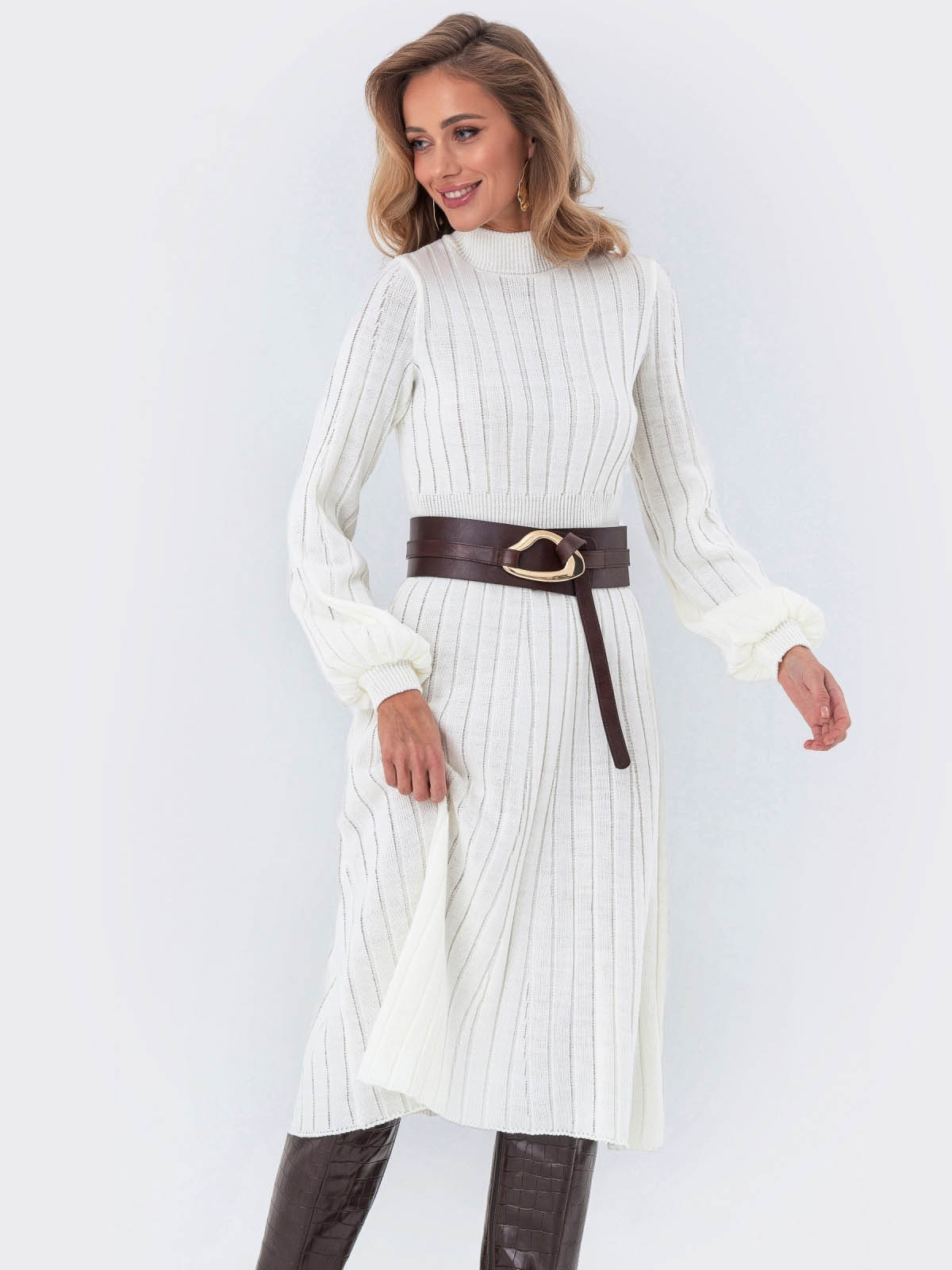 Сукня-кльош біла дрібної в'язки | 77340 Сукня-кльош біла дрібної в'язки | 77340