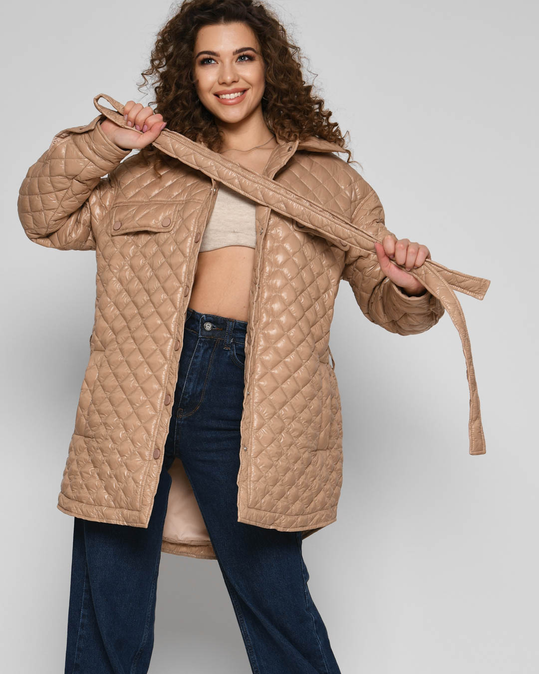 Демісезонна стьобана куртка-сорочка бежева | 78325