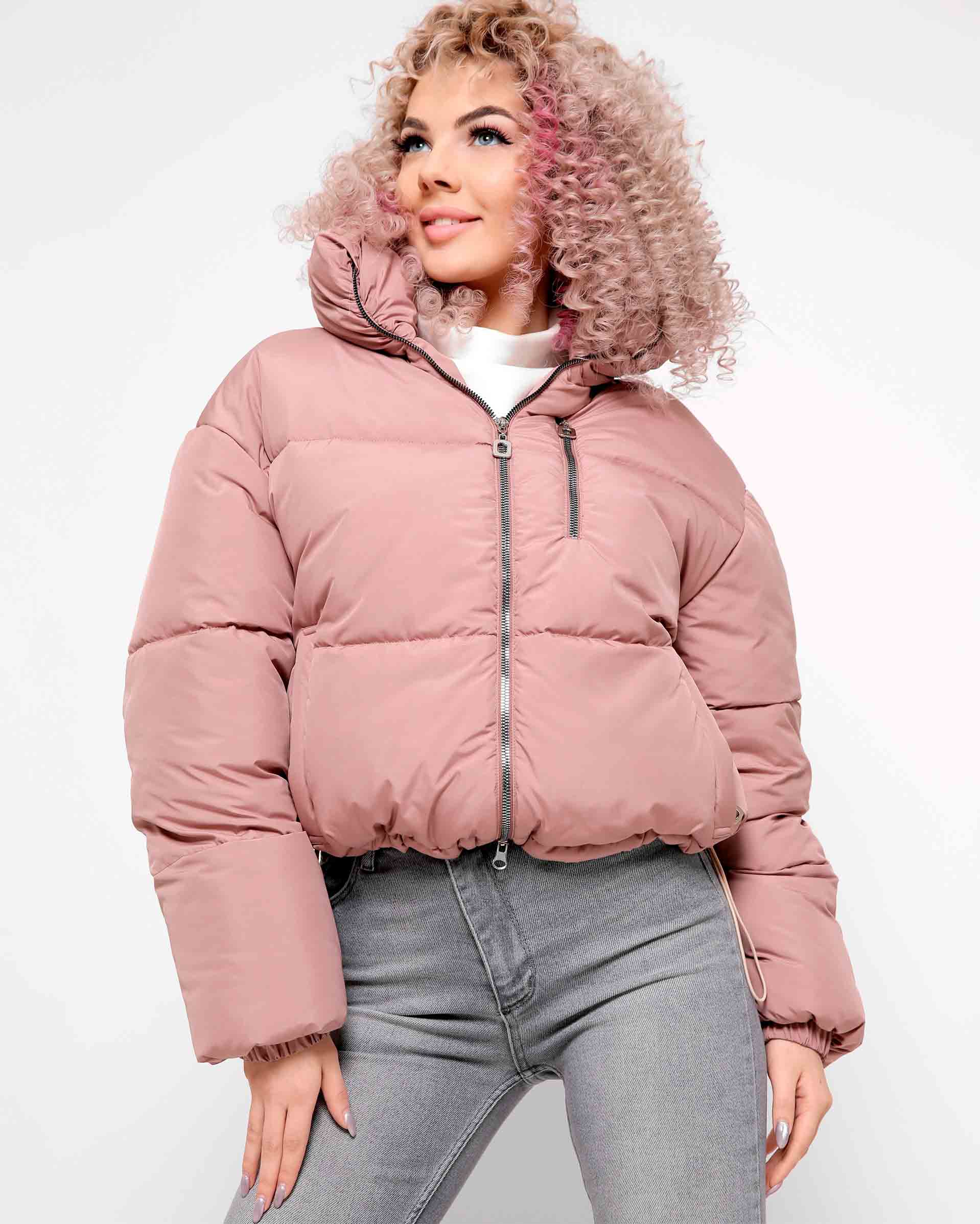 Демісезонна куртка пудрова з високим коміром | 78257 Демісезонна куртка пудрова з високим коміром | 78257