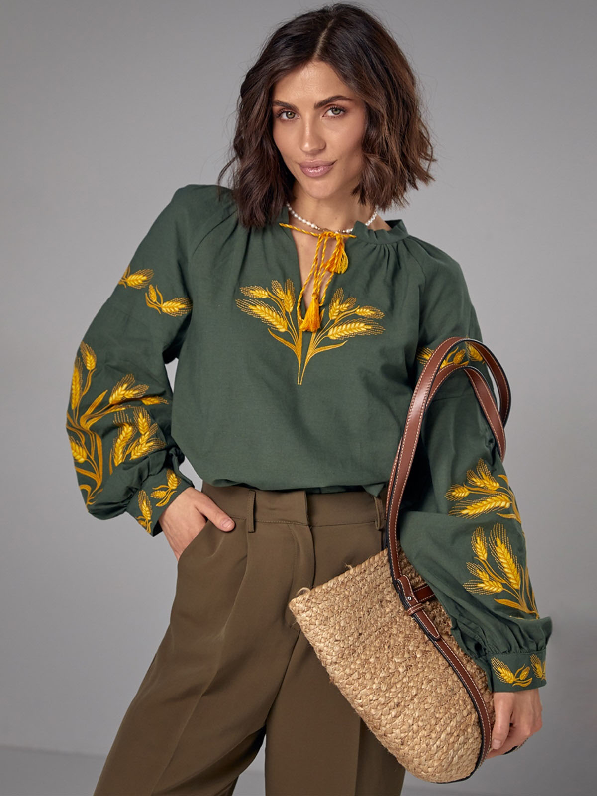 Бавовняна блуза зелена з вишивкою Колоски | 79763 Бавовняна блуза зелена з вишивкою Колоски | 79763