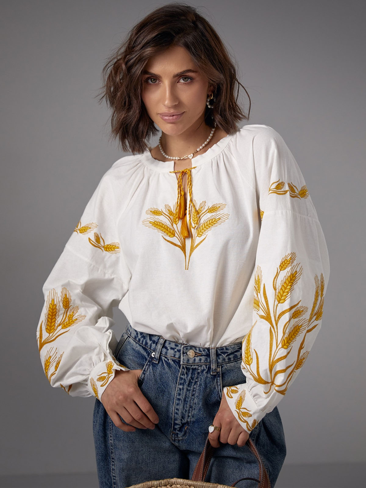 Бавовняна блуза молочна з вишивкою Колоски | 79773 Бавовняна блуза молочна з вишивкою Колоски | 79773