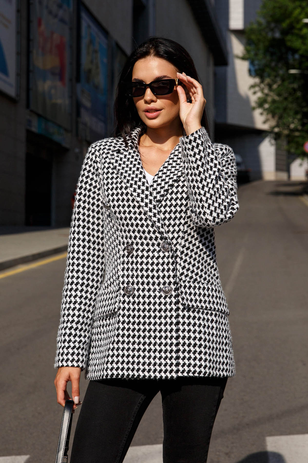 Твідовий двобортний піджак чорно-білий | 78520 Твідовий двобортний піджак чорно-білий | 78520