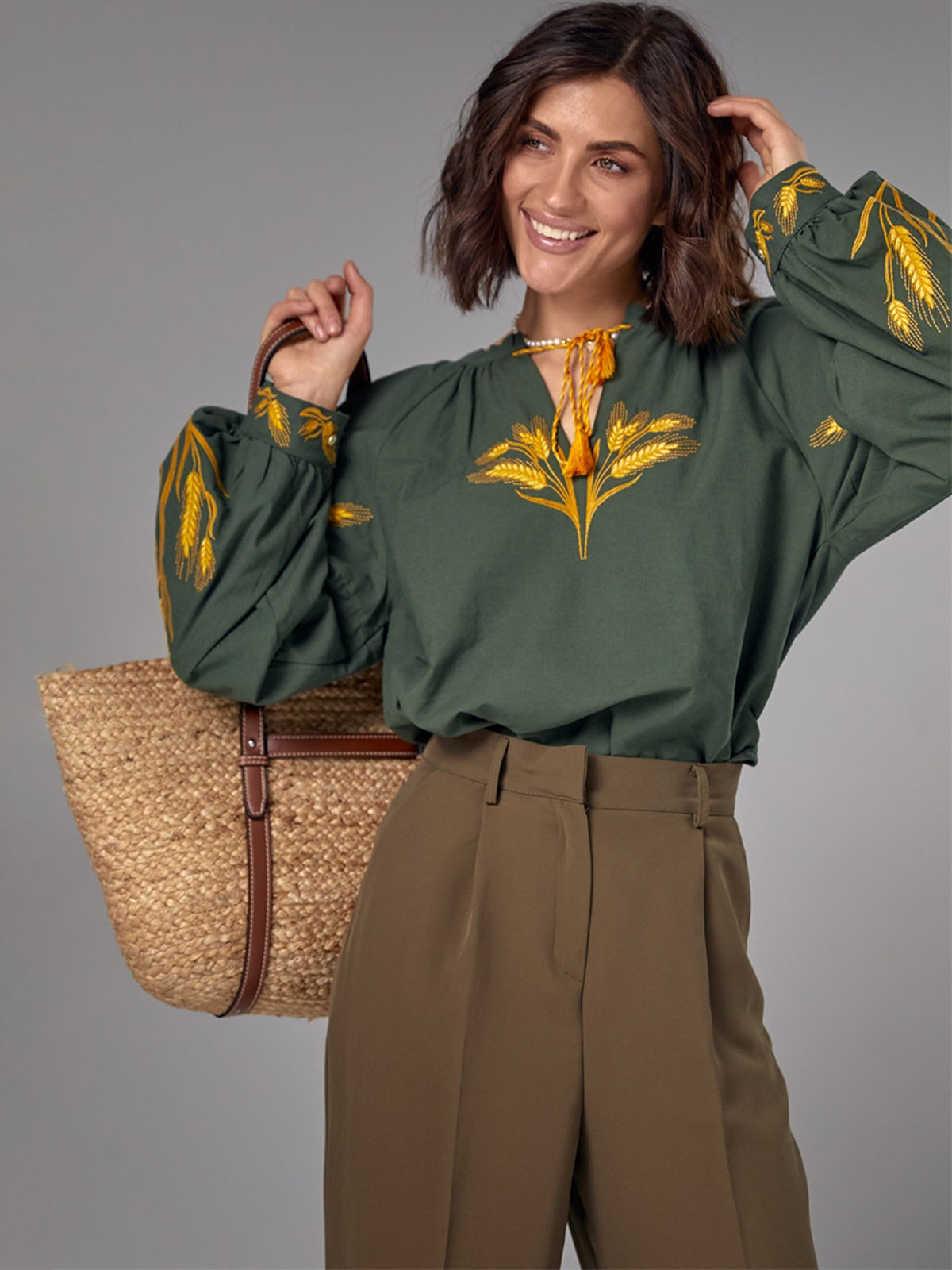 Бавовняна блуза зелена з вишивкою Колоски | 79763 Бавовняна блуза зелена з вишивкою Колоски | 79763