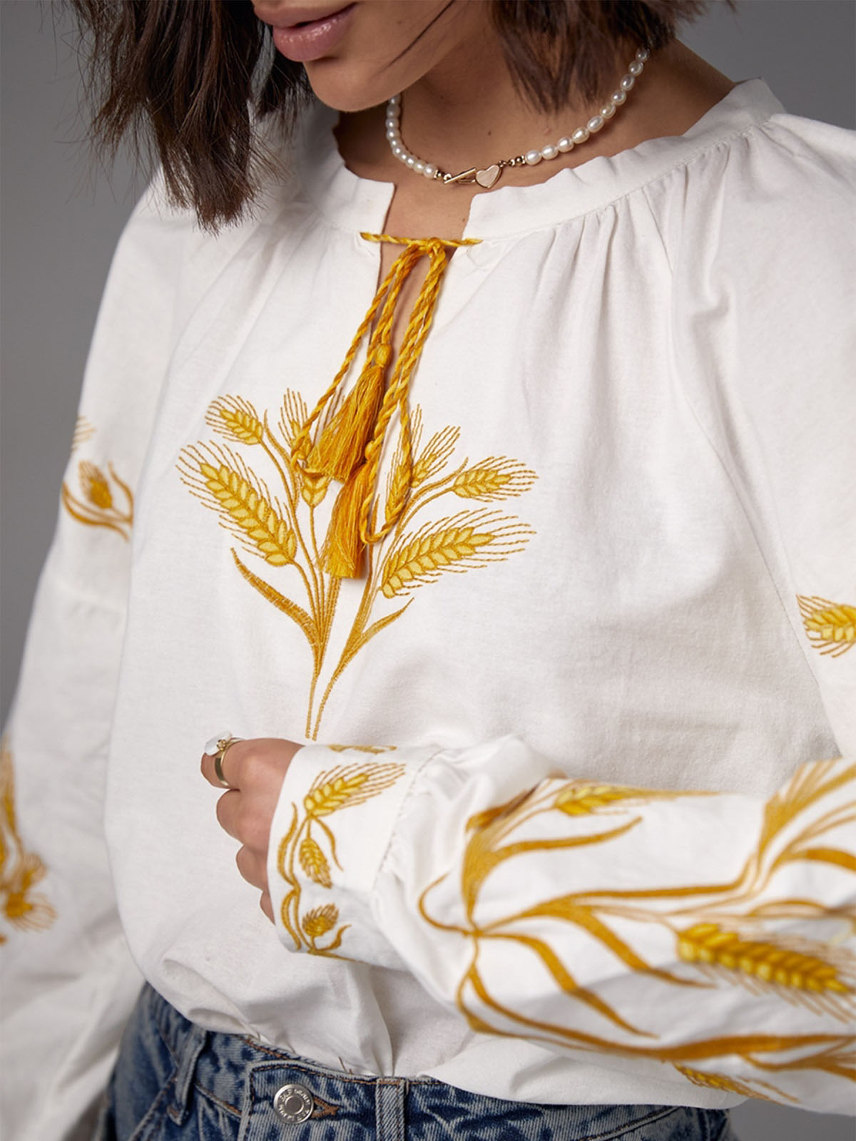 Бавовняна блуза молочна з вишивкою Колоски | 79773 Бавовняна блуза молочна з вишивкою Колоски | 79773