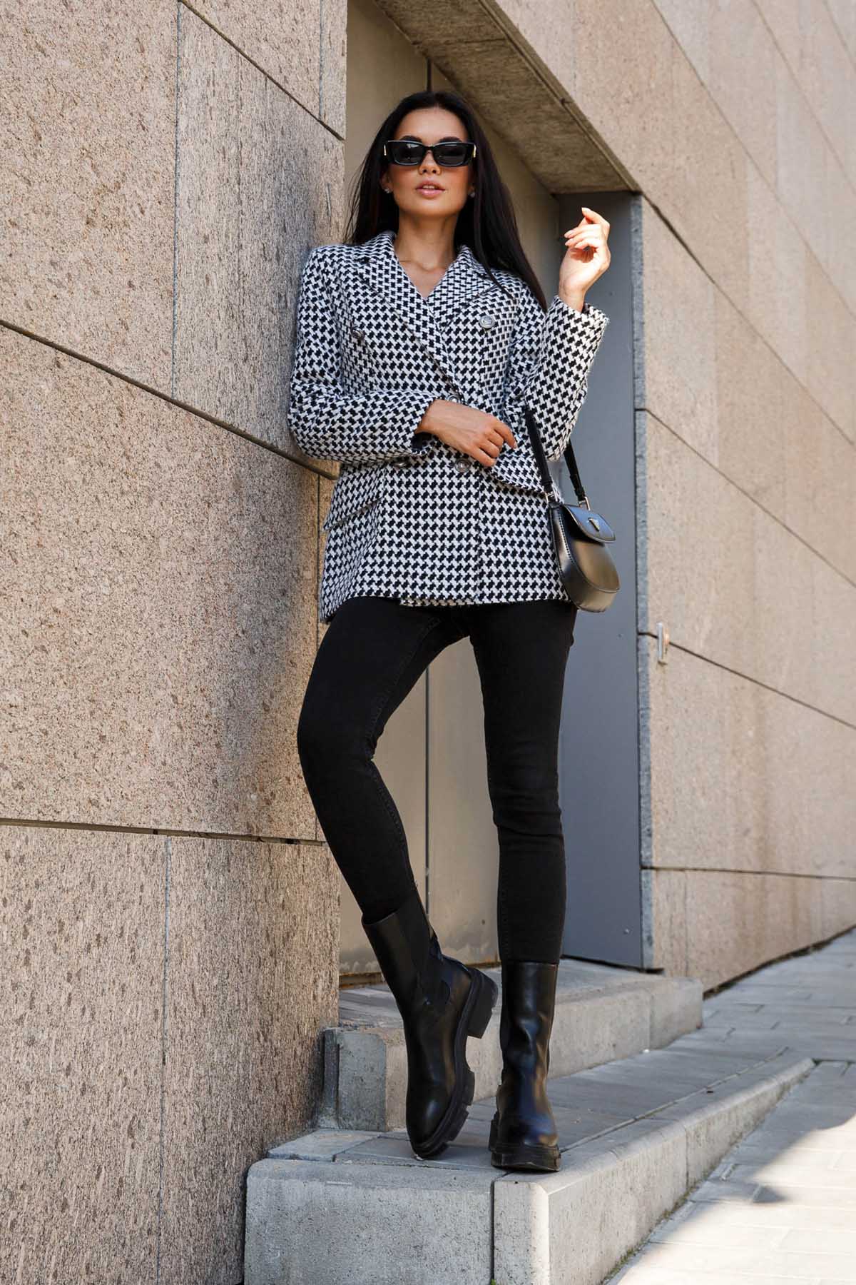 Твідовий двобортний піджак чорно-білий | 78520 Твідовий двобортний піджак чорно-білий | 78520