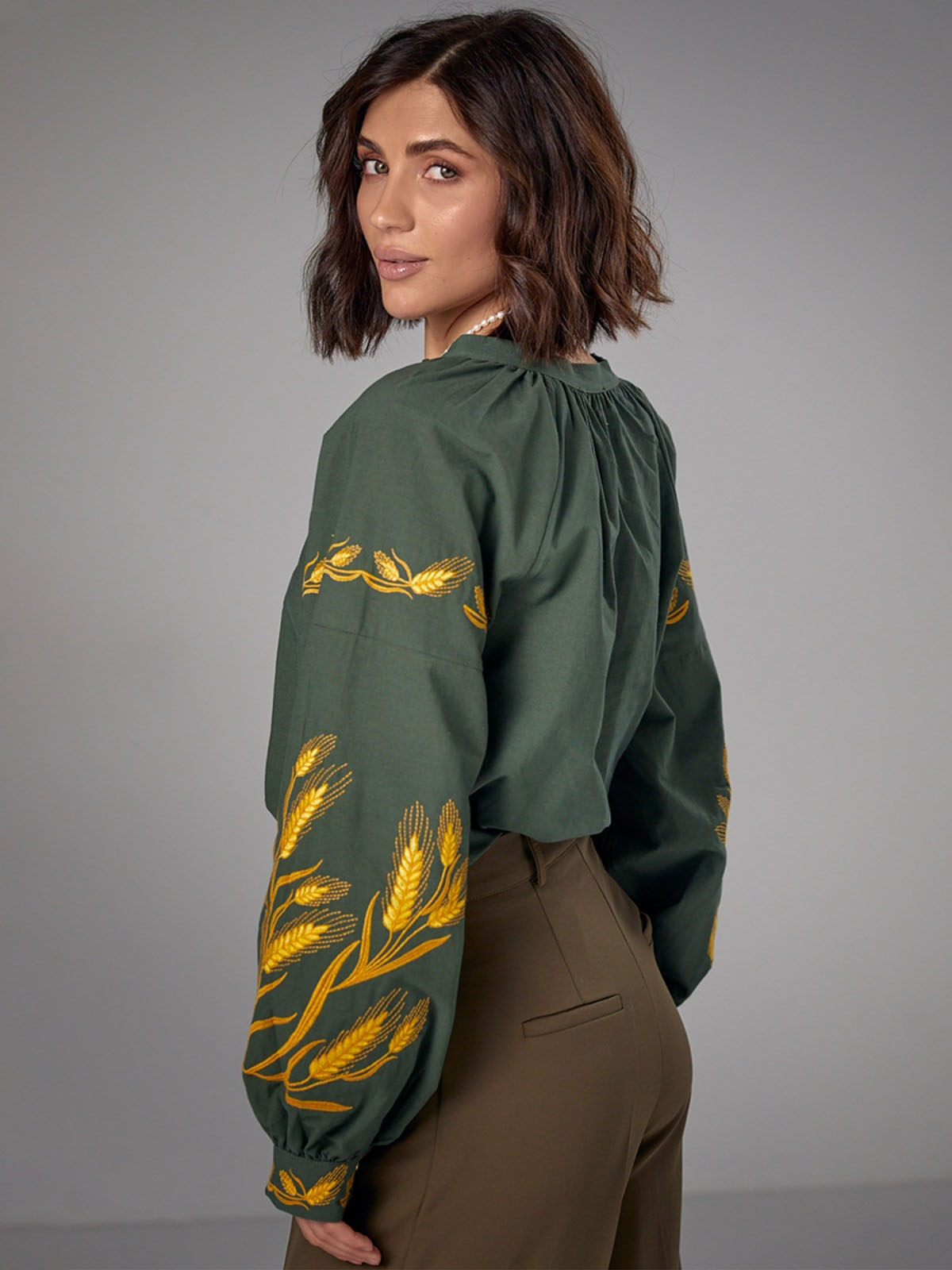 Бавовняна блуза зелена з вишивкою Колоски | 79763 Бавовняна блуза зелена з вишивкою Колоски | 79763